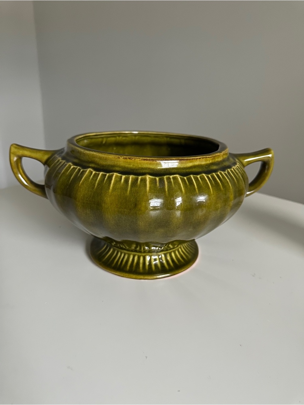 Vintage Olive Green Footed Ceramic Planter Tureen Mid Century Art Pottery Handle